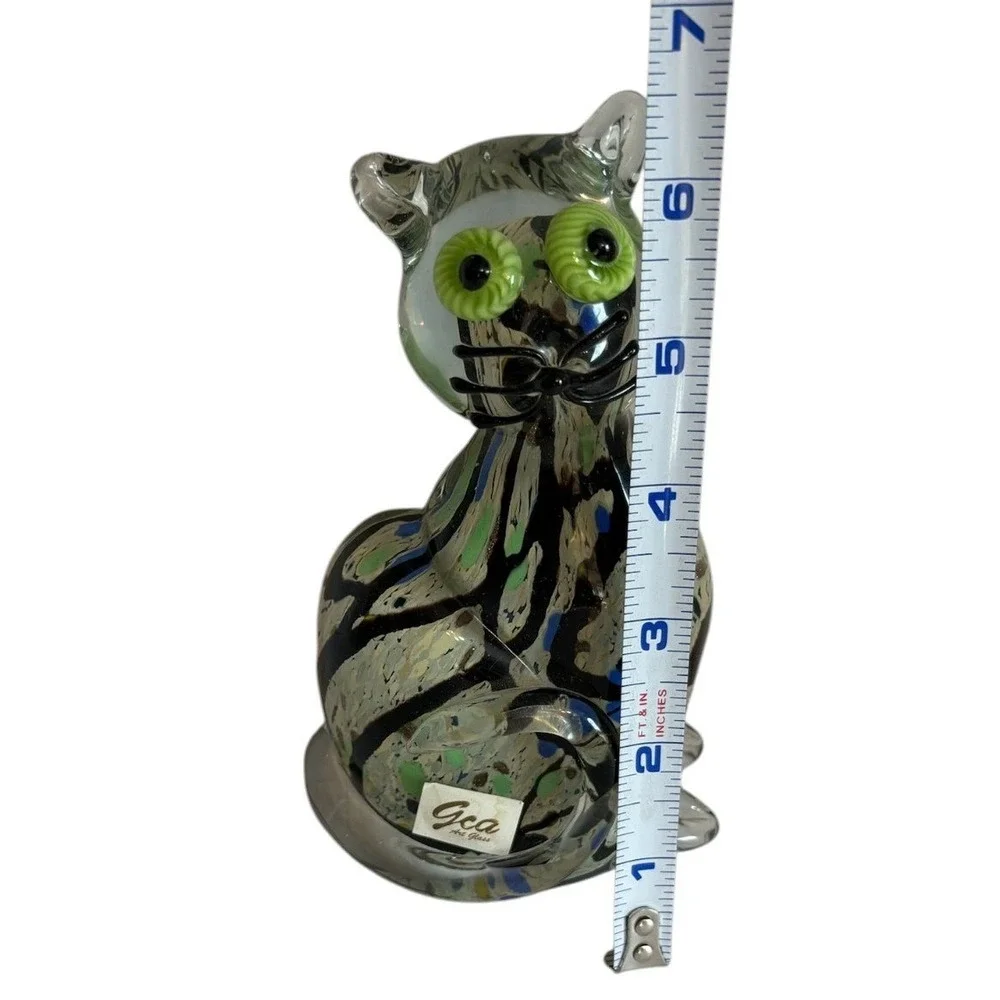 GCA Art Glass Cat Figurine Multicolor Confetti Swirl Green Eyes 6.5
